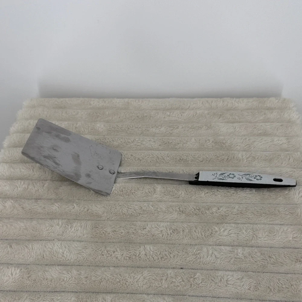 Vtg Stainless Steel Square Turner Spatula with White Floral Handle